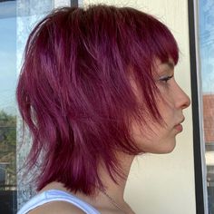 Wolfcut Burgundy Hair, Red And Purple Hair Short, Grape Color Hair, Alt Hair Color Ideas For Short Hair, Punk Wolfcut, Plum Hair Short, Fall Vivid Hair Color Short Hair, Dark Pink Short Hair, Dark Red Burgundy Hair