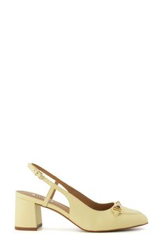 A glinting bit and moc toe bring heritage style to a block heel slingback pump. 2 1/2" heel Adjustable slingback strap with buckle closure Leather upper/synthetic lining and sole Made in Brazil Spring Heels With Gold-tone Hardware And Block Heel, Classic Slingback Pumps With Gold-tone Hardware, Spring Leather Heels With Gold-tone Hardware, Leather Heels With Gold-tone Hardware For Spring, Block Heel Slingback, Heritage Fashion, Dune London, Made In Brazil, Slingback Pump