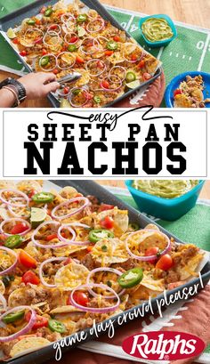 an easy sheet pan nachos recipe with onions and peppers