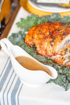 how to make thanksgiving gravy from scratch on a plate with chicken and greens