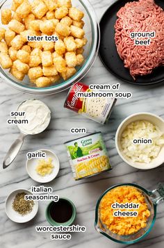 ingredients to make tater tots laid out on a marble counter top with text