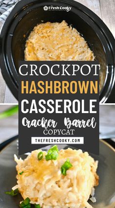 the crockpot hashbrown casserole is served in a slow cooker