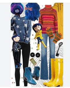 an assortment of clothing and accessories including boots, sweaters, pants, socks and hats