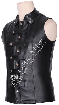 Made of Premium Grade Hand Selected Leather Silver Snaps Dual Closure pattern Custom Made Fully Lined with Polyester Fabric Simple and Elegant Design Black Gothic Sleeveless Outerwear, Sleeveless Black Outerwear With Buttons, Black Sleeveless Gothic Outerwear, Gothic Sleeveless Outerwear For Fall, Casual Sleeveless Outerwear For Biker Events, Sleeveless Gothic Outerwear For Fall, Fitted Punk Style Vest Outerwear, Punk Style Fitted Vest Outerwear, Gothic Sleeveless Vest Outerwear