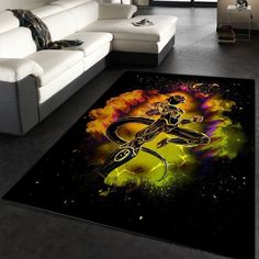 a living room area rug with an image of a person on the floor in front of a couch