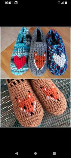 crocheted slippers with hearts on them are shown in three different colors and sizes