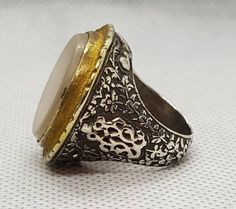 This Is Beautiful Handmade Carved Beautiful Old  Silver Ring With Ancient White Agate Stone the Top Of Ring is Gold Plated Material Silver Gemstone Agate Stone Size 6.5 US White Agate, Agate Stone, Antique Rings, Statement Rings, Agate, Gemstone Rings, Gold Plate, Silver Rings, Plating