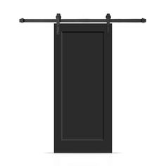 an open black door with metal bars on the top and bottom, in front of a white background