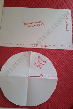 two pieces of white paper with red writing on them, one has a circle and the other has a line drawn across it