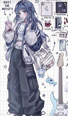 an anime character holding a cell phone and standing in front of various items on a sheet of paper