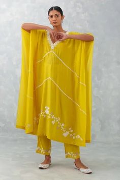 Shop for Devnaagri Yellow Muslin Flower Embroidered Kaftan And Pant Set for Women Online at Aza Fashions Formal Kaftan Dress, Resham Embroidered Straight Kurta Pant Set In Georgette, Straight Kurta Pant Set With Resham Embroidery, Georgette Dress With Embroidered Border In Straight Kurta Style, Embroidered Anarkali Tunic Palazzo Set, Embroidered Georgette Pant Set, Anarkali Embroidered Palazzo Set With Tunic, Spring Palazzo Set With Embroidered Border And Straight Kurta, Summer Palazzo Set With Embroidered Border And Straight Kurta