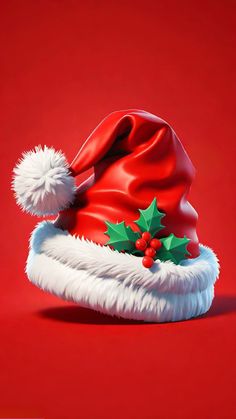 a red and white santa hat with holly berries on the brimmed, against a red background