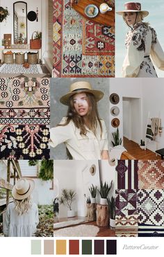 a collage of photos with different colors and patterns on them, including hats, blankets, rugs, pillows