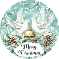 two white doves with bells and pine cones on a merry christmas card, surrounded by evergreen branches