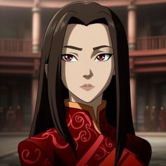 an anime character with long black hair and red eyes looking at the camera, in front of a building