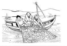 three people in a boat picking up food from the water, with another person standing behind them