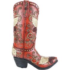 a pair of red cowboy boots with gold and white designs on the inside, sitting side by side