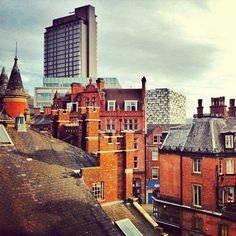 the city skyline is full of red brick buildings and tall skyscrapers in the distance