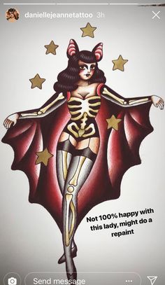 Traditional Bat Lady Tattoo, Traditional Tattoos Cute, American Traditional Bat Tattoo, Spooky Pinup Tattoo, Devil Pinup, Tattoo Pin Up, Pin Up Tattoo, Tattoos Cute, Pin Up Girl Tattoo