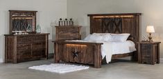 a bedroom scene with focus on the bed and nightstands that are made out of wood