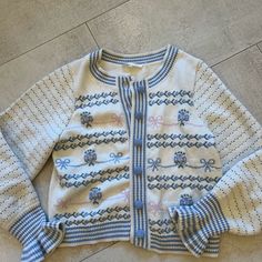 Great Condition Loveshackfancy Cardigan In Cream With Blue Accents. Size Small. Loveshackfancy Cardigan, Blue Accents, Blue Cream, Christmas List, Colorful Sweaters, Sweaters & Cardigans, Cardigans, Color Blue, Sweaters For Women