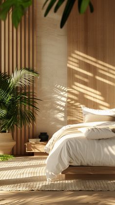 a bed with white sheets and pillows in a bedroom next to a potted plant