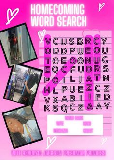 a pink poster with words and pictures on it