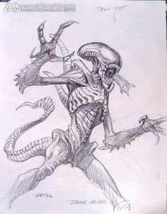 a drawing of an alien attacking another creature