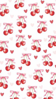 cherries with pink bows and hearts on a white background seamless wallpaper photo