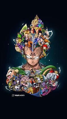 an anime character with many different characters on it's chest and head, surrounded by other