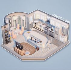 an aerial view of a living room and kitchen area in a house with the words coastal living above it