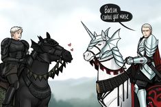 an image of two knights on horses with speech bubble above them that says bacon comunit du horse