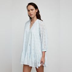 The Eleanor Mini Dress In Powder Blue Is Perfect For Every Day Styling. Designed To Be A Relaxed Fit, This Style Features 3/4 Length Sleeves, Lace Up Centre Front Detail And A Soft Frill Toward The Hem. Removable Waist Tie Is Perfect For Cinching This Piece In For Fitted Finish. Spring Vacation Dresses With Broderie Anglaise, Spring Beach Dress With Broderie Anglaise, Bridesmaid Mini Dresses, Beaded Dress Short, Zaful Dresses, Lace Back Dresses, One Shoulder Cocktail Dress, Ribbed Bodycon Dress, Red Lace Dress