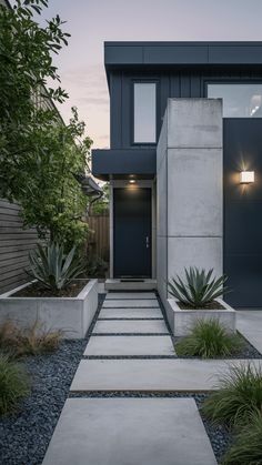 a modern house with concrete steps leading up to the front door and side entrance area