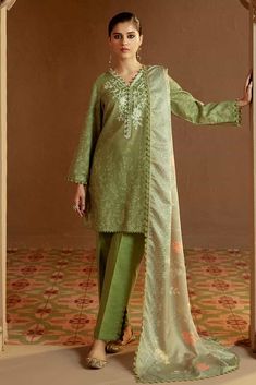 WINTER TALE-3 PC KHADDAR PRINTED SUIT | WINTER COLLECTION-24 | CROSS STITCH in UK USA UAE online kapraye.com Traditional Green Sets For Work, Silk Workwear Sets With Printed Motifs, Silk Sets With Printed Motifs For Workwear, Traditional Green Kurta For Work, Green Silk Workwear Sets, Green Cotton Silk Sets With Long Sleeves, Green Long Sleeve Cotton Silk Set, Eid Workwear Kurta With Chikankari Embroidery, Elegant Unstitched Cotton Summer Suit