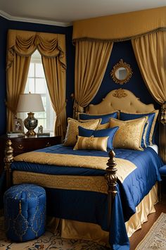 a bedroom with blue walls and gold bedding