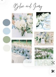 blue and white wedding color palettes for the bride's bouquet, flowers, and table settings