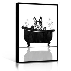 a black and white photo of a dog in a bathtub with bubbles on it