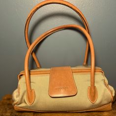 Leonard Paris Frame Handbag In Tan/Beige And Brown In Great Condition Doctor Style Framed Bag Khaki Top Handle Shoulder Bag For Travel, Khaki Top Handle Travel Bag, Classic Beige Pouch Satchel, Classic Taupe Bags With Leather Handles, Classic Taupe Shoulder Bag With Handles, Taupe Leather Handle Shoulder Bag For Travel, Beige Leather Trim Satchel Shoulder Bag, Khaki Satchel With Handles For Travel, Classic Taupe Shoulder Bag