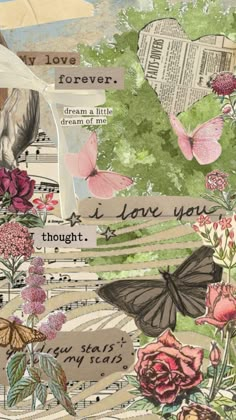 an altered collage with flowers, butterflies and music notes on it's side