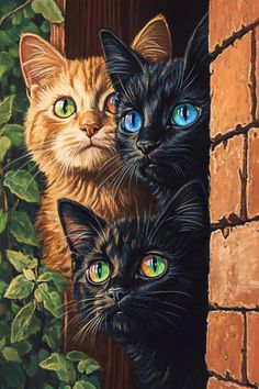 three cats looking out from behind a brick wall with green leaves on it and blue eyes