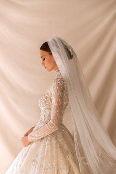 a woman wearing a wedding dress and veil