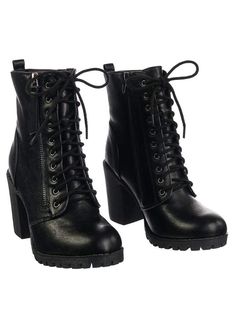 Combat Boots Heels, Black Lace Up Boots, Dr Shoes, Black Chunky Heels, Heel Accessories, Cute Boots, Chunky Block Heels, Lace Up Heels, Lug Sole