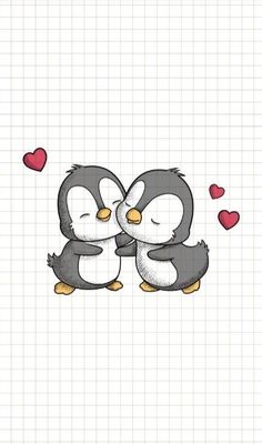 two penguins kissing each other with hearts in the air on a sheet of graph paper