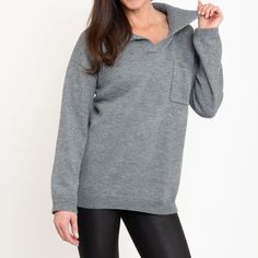 Featuring a relaxed fit, goes-with-anything gray color, and casual collared neck with front pocket, the Hudson Collared Sweater is perfect for every day wear with your favorite pair of jeans or leggings! Collared Sweater, Collar Sweater, Front Pocket, Gray Color, Every Day, Relaxed Fit, Leggings, How To Wear, Color