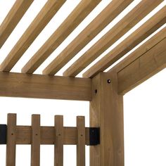 a close up of a wooden slatted structure with black brackets on the sides