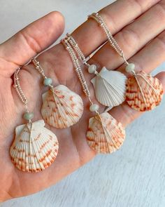 four seashells are being held in someone's hand