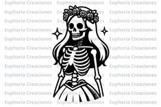 a skeleton in a dress with flowers on her head and the words euphora creations