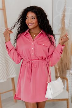 Learn To Fly Pink Button Up Mini Dress – Pink Lily Button Up Dress Outfit, Dress With Knee High Boots, Wedding Swimwear, Button Up Mini Dress, Night Tops, Learn To Fly, Flats Patterns, Dress Sale, Pink Mini Dresses