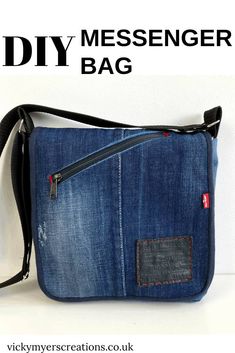 the diy messenger bag is made from an old pair of jeans